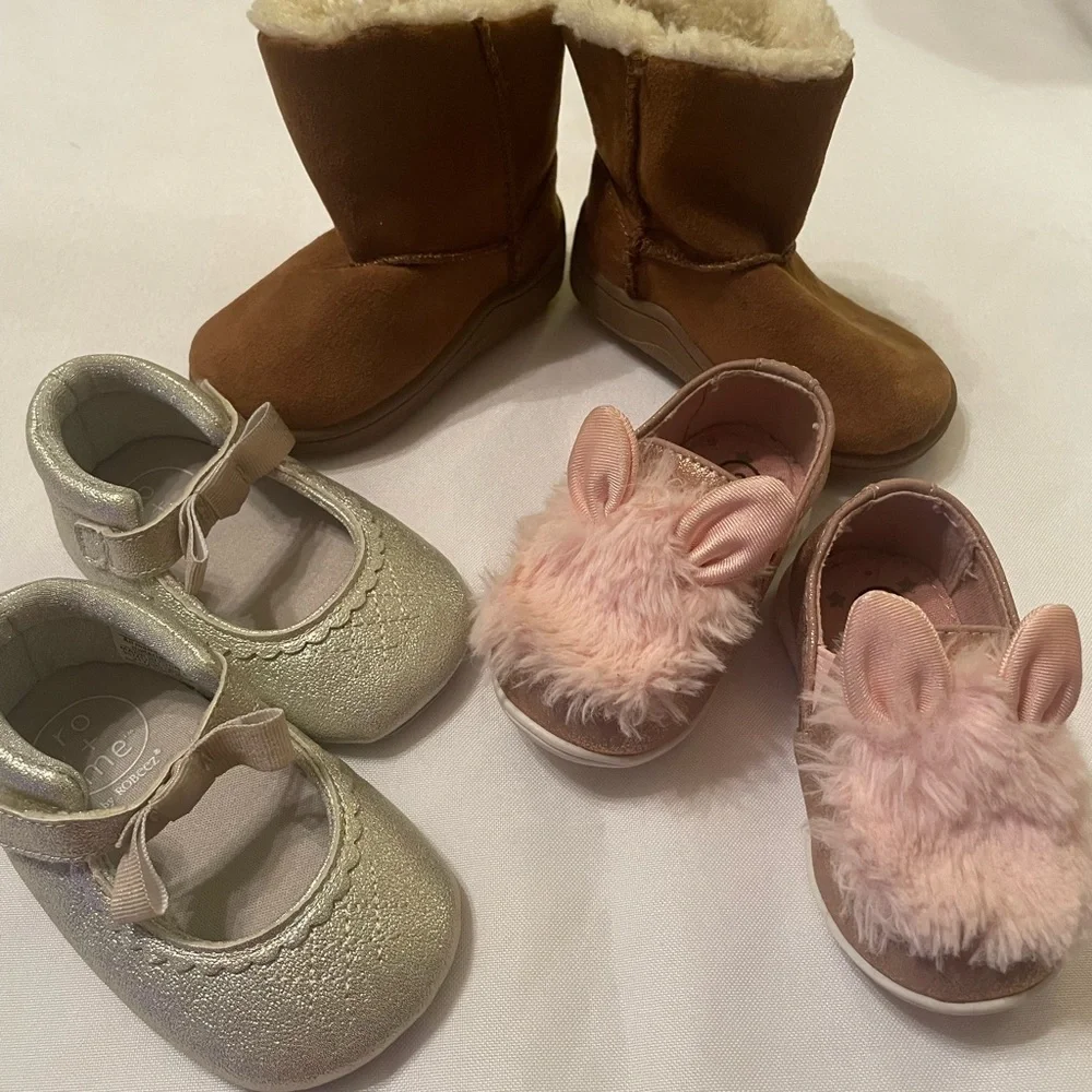 Set of Kids Brown Boots, Pink‎ Bunny Shoes, & Silver Slippers, Size 3